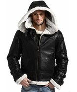B3 Aviator Removable Hooded White Fur Shearling Bomber Black Leather Jacket - $179.00