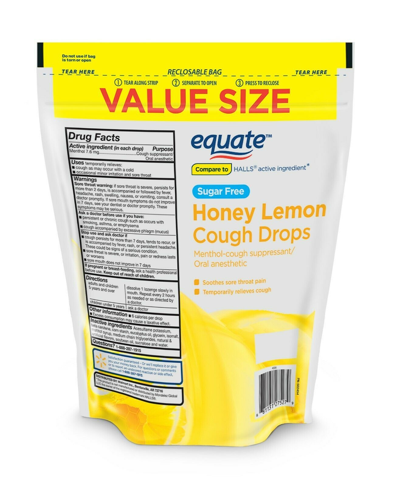 Equate Value Size SugarFree Honey Lemon Cough Drops, 140 Count Cough