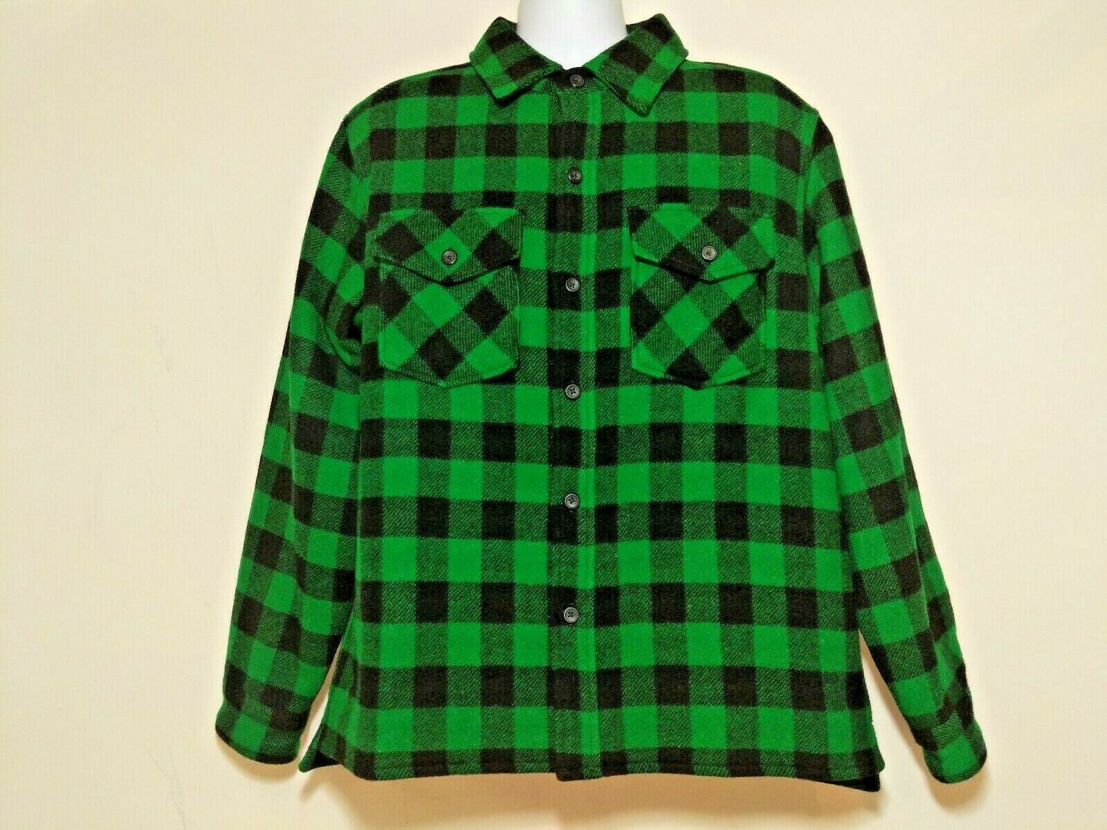 LL Bean Wool Hunting Jacket Green Buffalo Plaid Check Quilted Lined