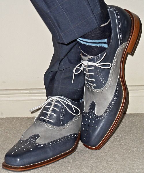 Handmade Men Fashion Wingtip Two Tone Shoes Men Navy And Gray Brogue Shoes Dressformal 