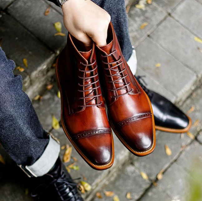 Two Tone Lace Up Cap Toe Brogue Ankle High Leather Boot - Casual Shoes