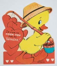 VINTAGE VALENTINE CARD YELLOW DUCK LIKE TO HOOK YOU FISHING DUCKY 1960s - $8.11