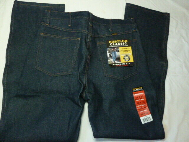 Rustler Wrangler Mens Regular Fit Straight Leg Dark Blue Heavyweight Denim Jeans