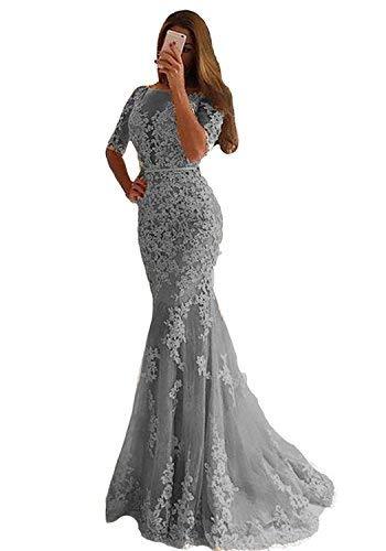Women Mermaid Long Lace Half Sleeves Formal Prom Dress Evening Gown Gray US 10