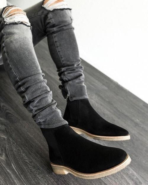 New Handmade Mens Black Suede ankle boots, Men casual Black crepe sole Chelsea