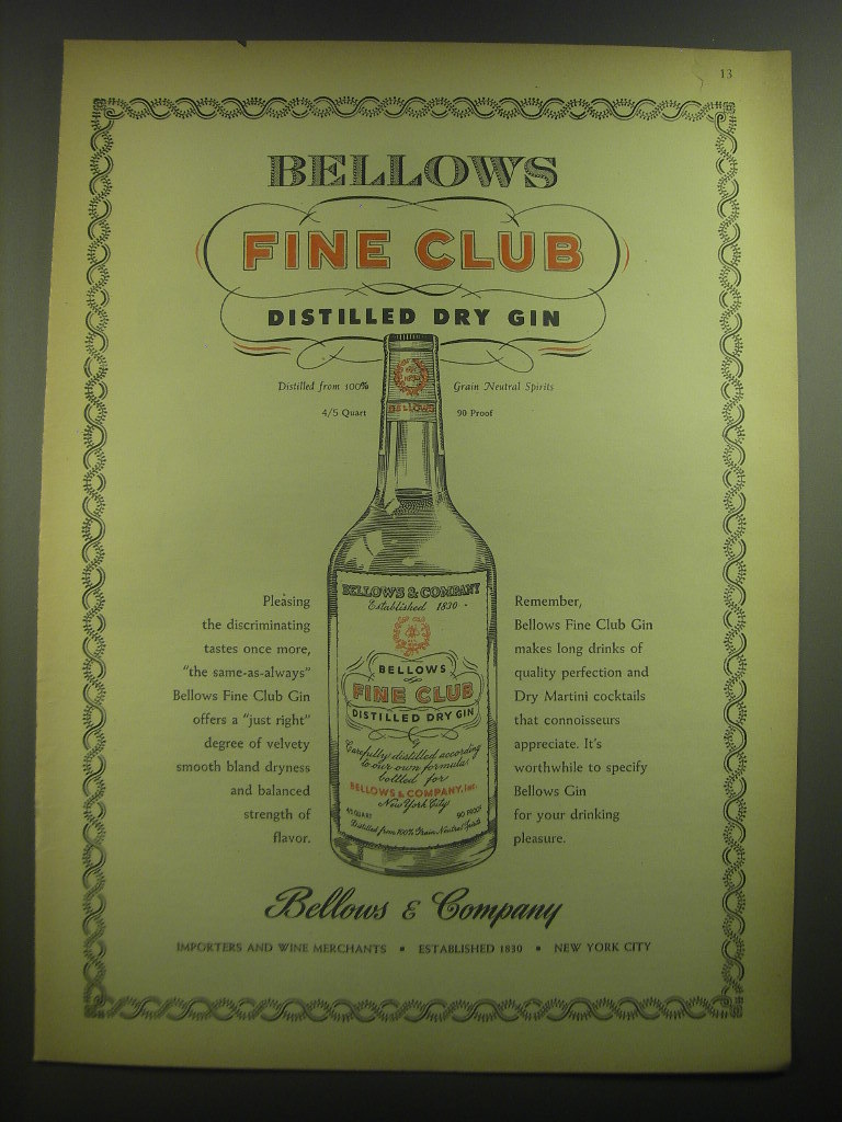 1945 Bellows & Company Fine Club Gin Advertisement - 1980-89