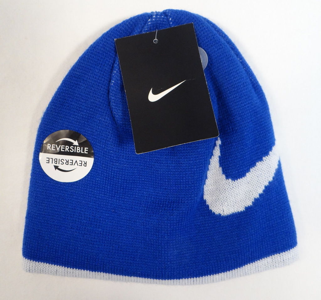 Nike Swoosh Reversible Blue & White Knit Beanie Skull Cap Youth Boy's 4 ...