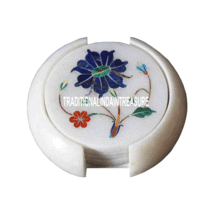 White Marble Coaster Set Lapis Floral Marquetry Inlay Mosaic Collectible Decor - $163.34