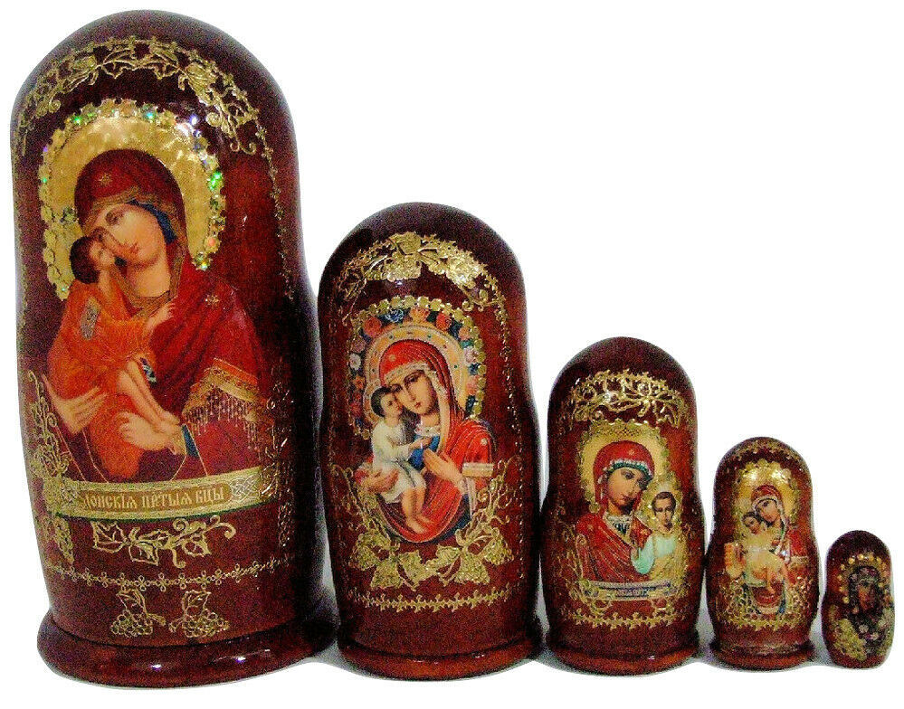 5pcs Handmade Russian Nesting Doll Orthodox Religious set of Madonna
