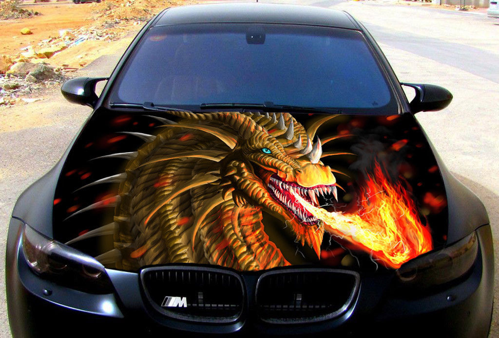Vinyl Car Hood Wrap Full Color Graphics Decal Dragon Burning Flame