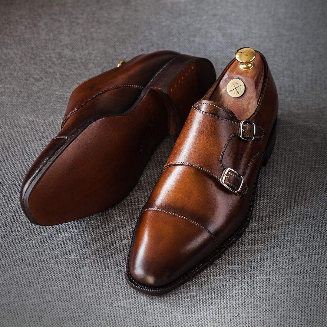 Bespoke Men's Brown Leather Double Monk Strap Formal Dress Leather Shoes