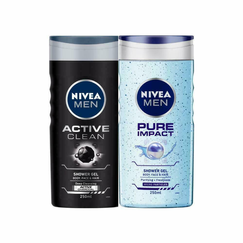 NIVEA Men Shower Gel Comb (Active Clean + Pure Impact) - 250ml (Pack of 2)