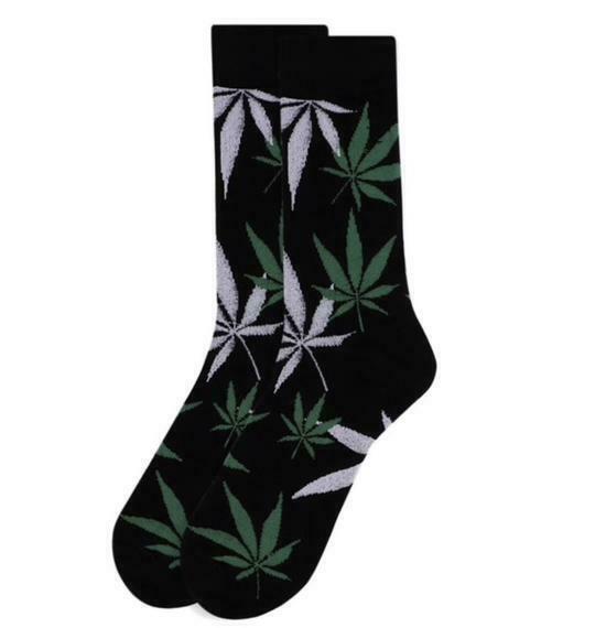Parquet Men's Crew Novelty Socks Marijuana Leaf Shoe Size 6-12.5 Black green Whi