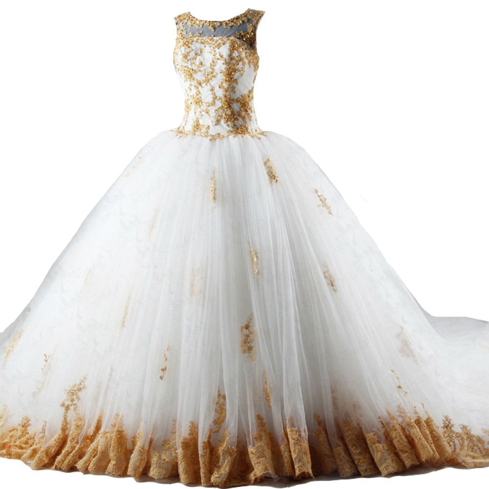 Kivary Sheer Bateau Long White and Gold Lace Open Back Custom Made Wedding Dress
