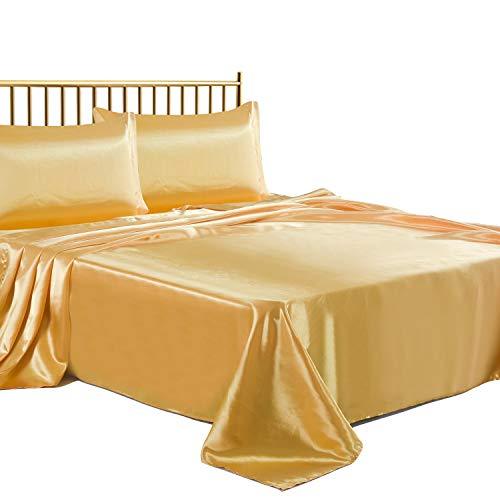 LITHER King Size Satin Sheets Set Gold, Deep Pockets Fitted Sheet