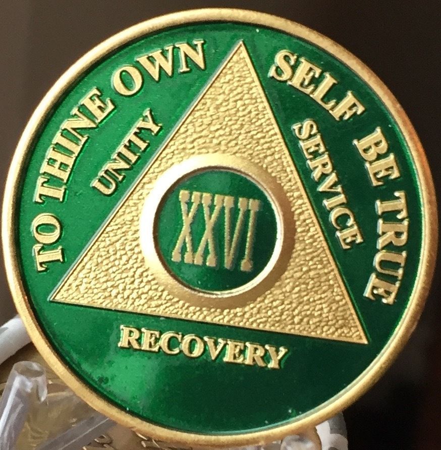 26 Year AA Medallion Green Gold Plated Alcoholics Anonymous Sobriety ...