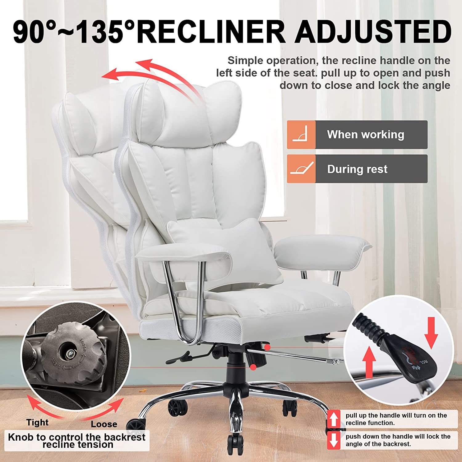 Efomao Desk Office Chair Big High Back Chair Pu Leather Computer Chair, White Chairs