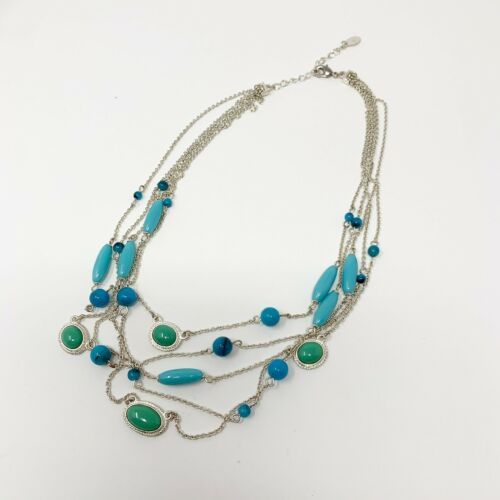 Multi Strand Bead Necklace Blue Green Silver Tone Ball Floating Maker Marked 18" - $13.53