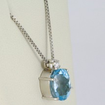 18K WHITE GOLD NECKLACE, PENDANT WITH OVAL BLUE TOPAZ & DIAMOND, VENETIAN CHAIN image 2