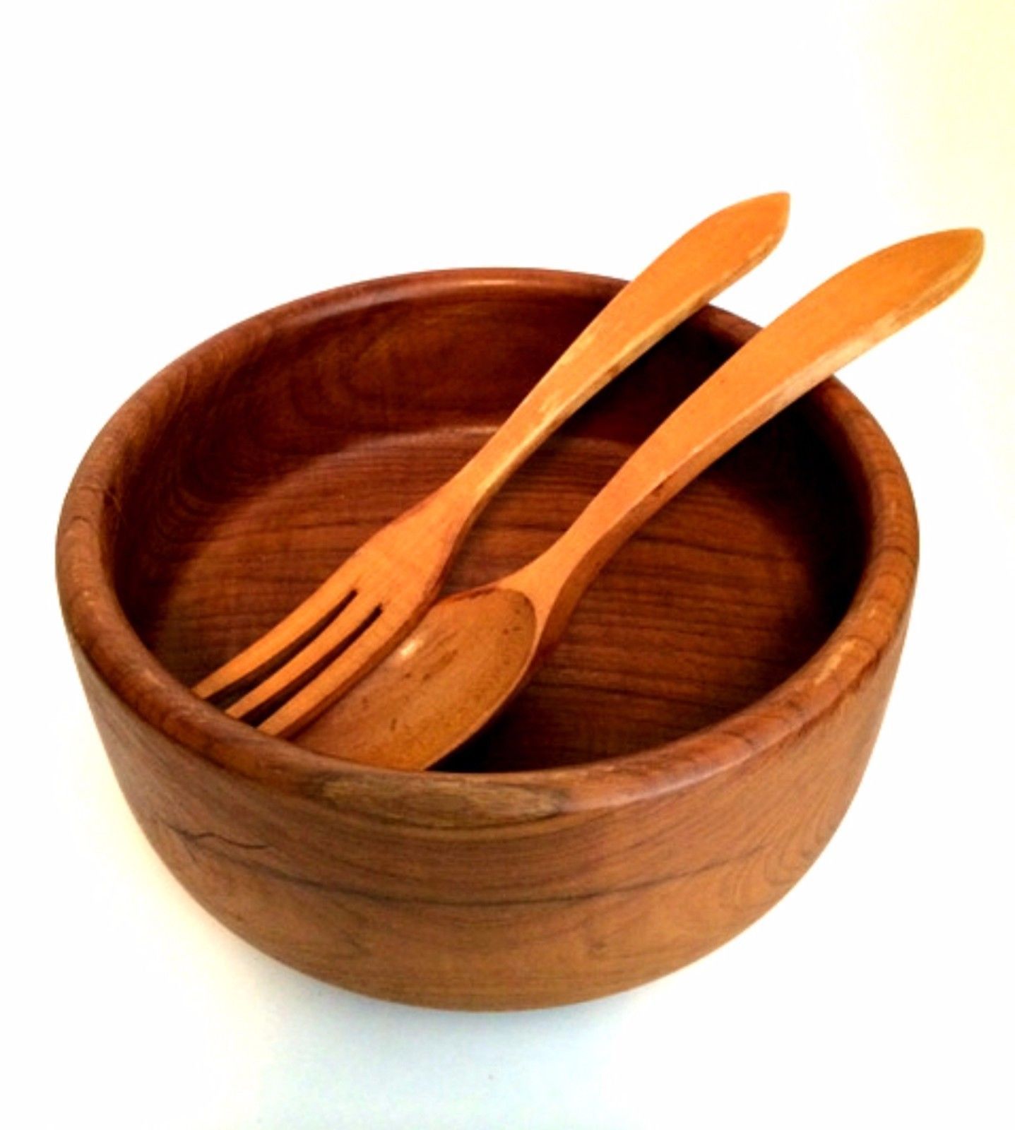Vintage Wooden Salad Bowl Serving Spoon Fork Mid Century 10 inch Diameter Serving Bowls