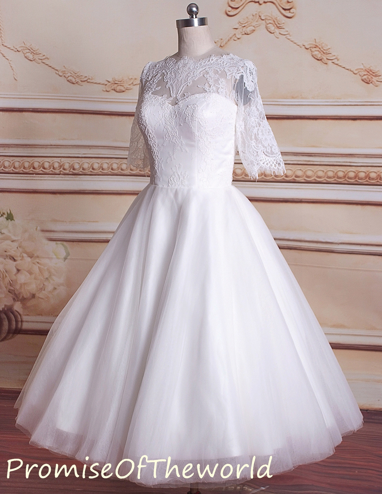 3/4 sleeves lace tea length wedding dress vintage short ...