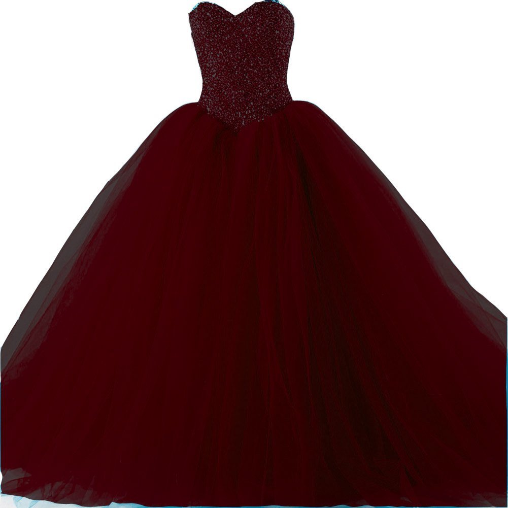 Kivary Plus Size Tulle Heavy Beaded Ball Gown Long Prom Dresses Quinceanera Burg