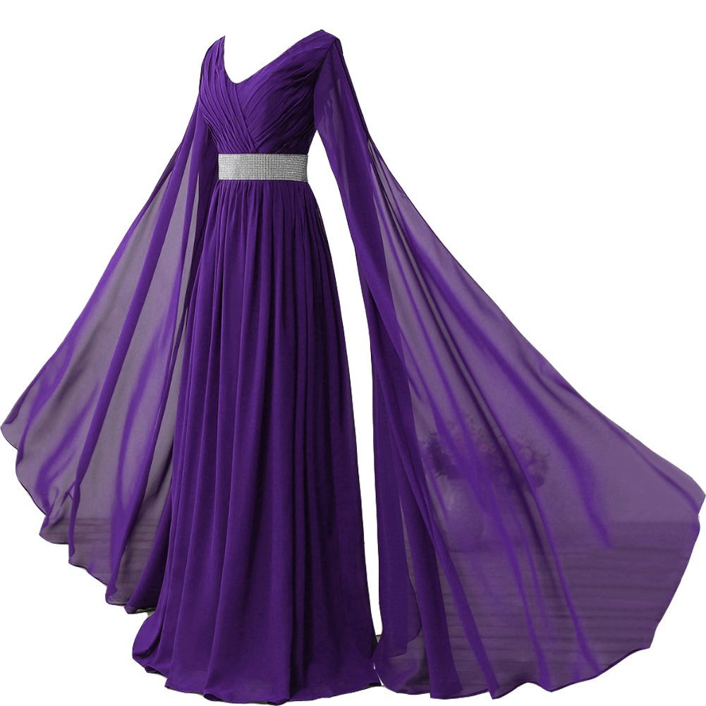 Kivary V Neck Long Sleeves Chiffon Goddess Prom Vintage Evening Dresses Purple U