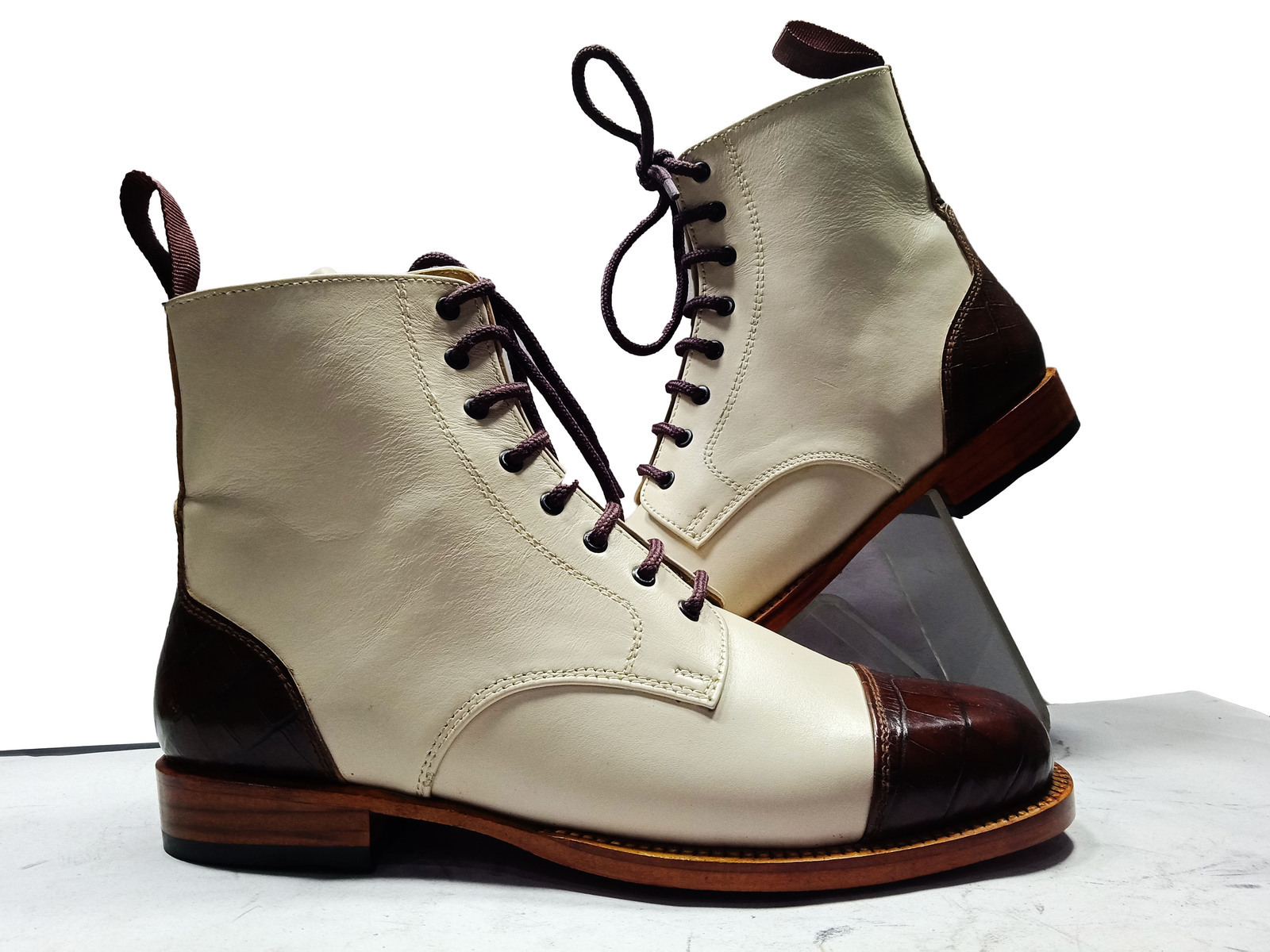 New Handmade Men's Ankle High Boot,Men's White Burgundy Tone Leather Cap Toe Bo