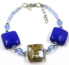 BRACELET WITH BLUE MURANO SQUARE GLASS & SILVER LEAF, MADE IN ITALY, 19cm, 7.5" image 1