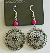 SCROLL FLOWER NO STONE ANTIQUED SILVER TONE PINK DANGLE EARRINGS NEW PAP... - $8.42
