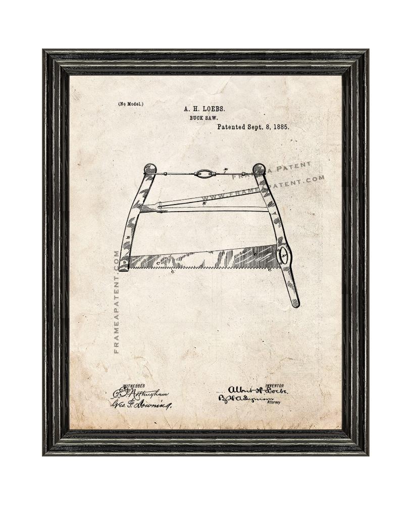 Buck Saw Patent Print Old Look with Black Wood Frame