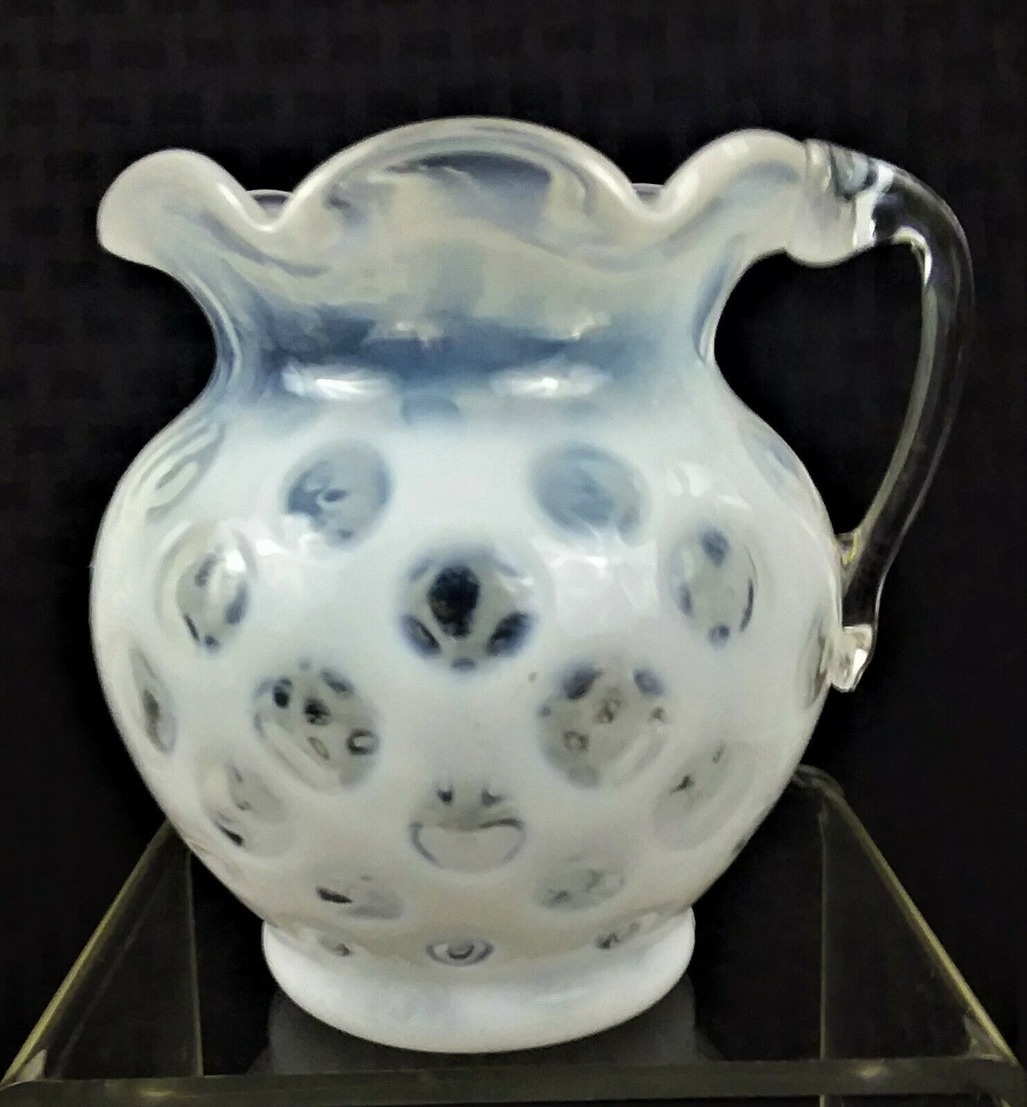 HAND BLOWN SMALL WHITE BUBBLE MILK GLASS PITCHER/VASE W/APPLIED HANDLE