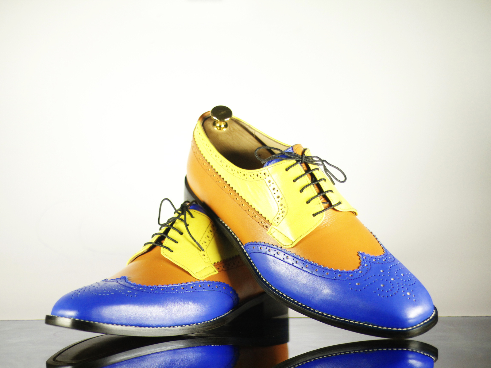 Handmade Men Multi Color Leather Wing Tip Brogue Lace Up Shoe, Men Designer Shoe