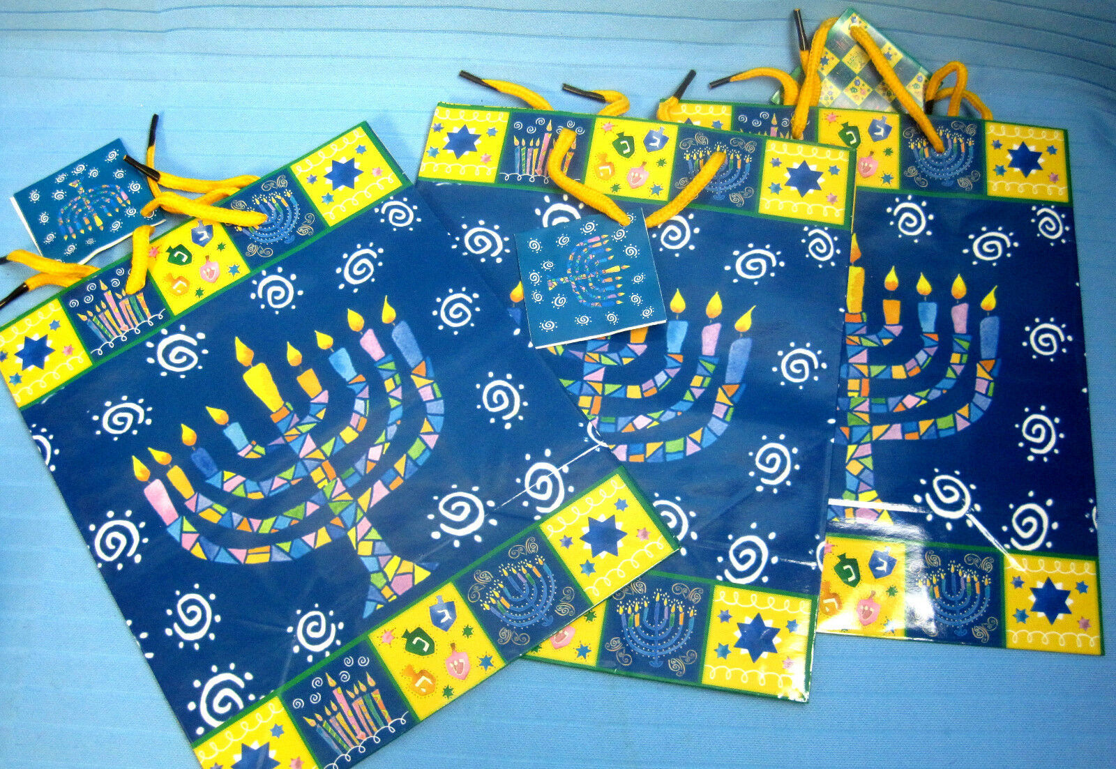Primary image for Jewish Holiday Gift Bags Hanukkah Menorah Design by Giftco Lot of 3 Blue