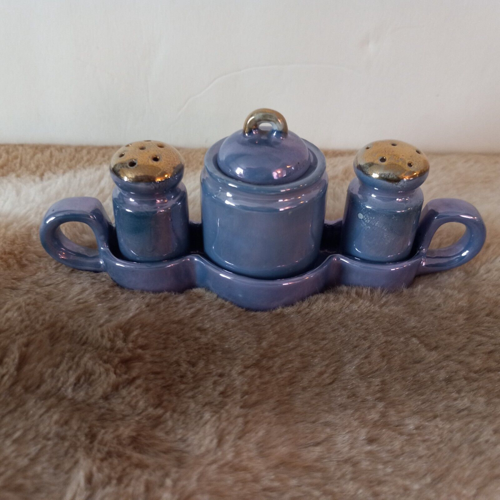 Vintage 1940's Japan Lusterware Condiment Salt Pepper Tray Blue Flowers Mini Set Salt & Pepper