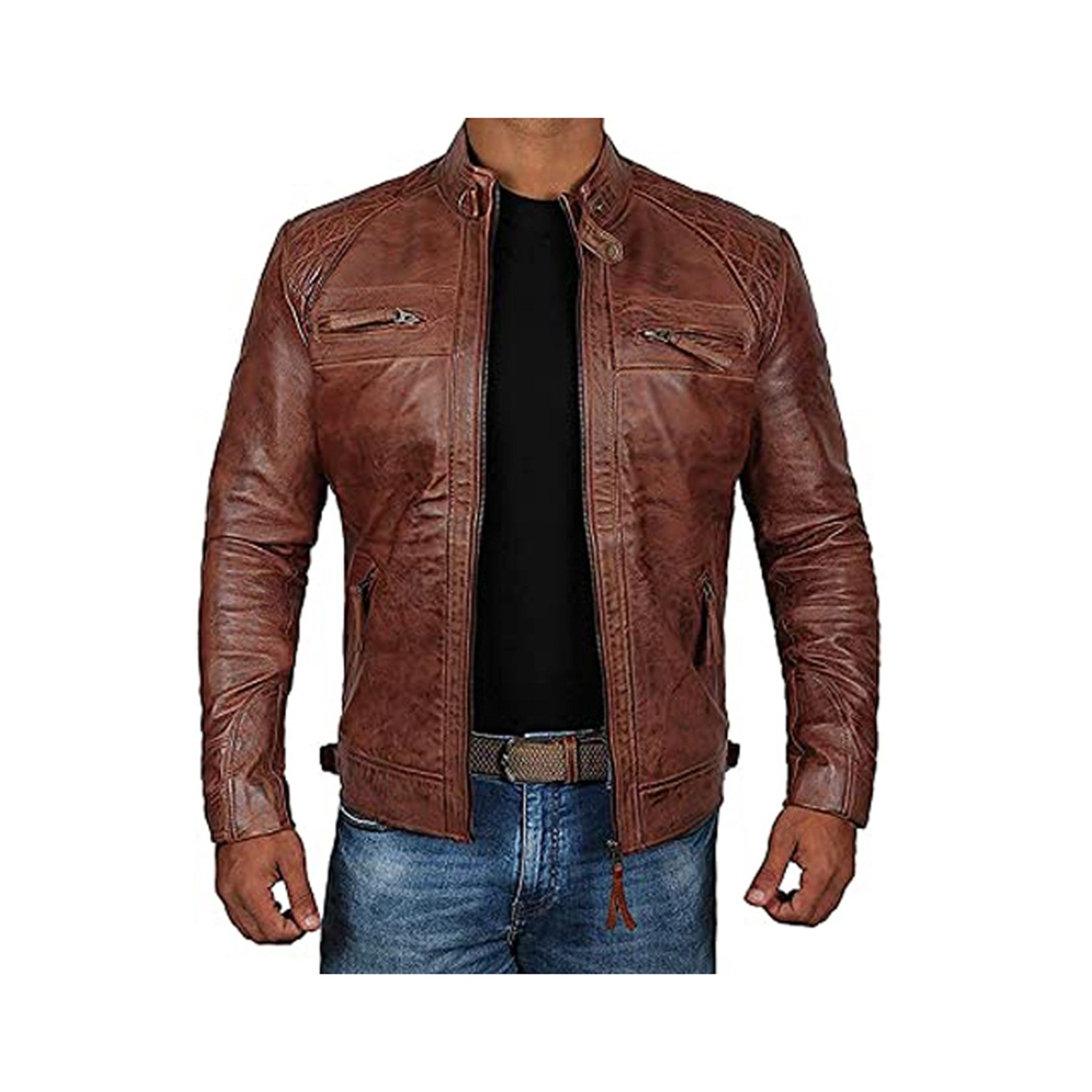 Mens Distressed Brown Cafe Racer Vintage Real Leather Jacket