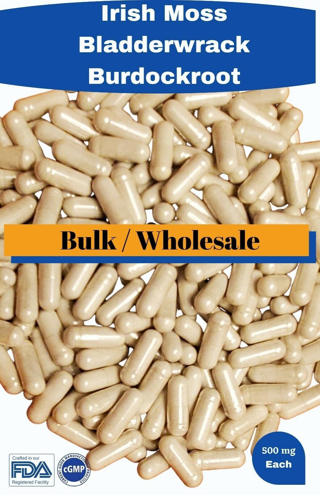 Organic Irish moss Bladderwrack Burdock root -Bulk /Wholesale = 5000 capsules