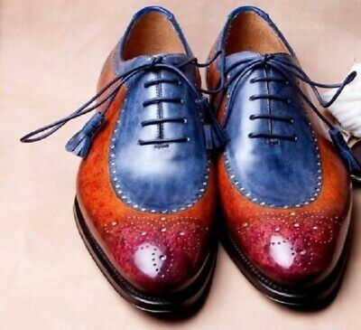 Lace Up Genuine Two Tone Blue Maroon Leather Vintage Handmade Oxford Men Shoes