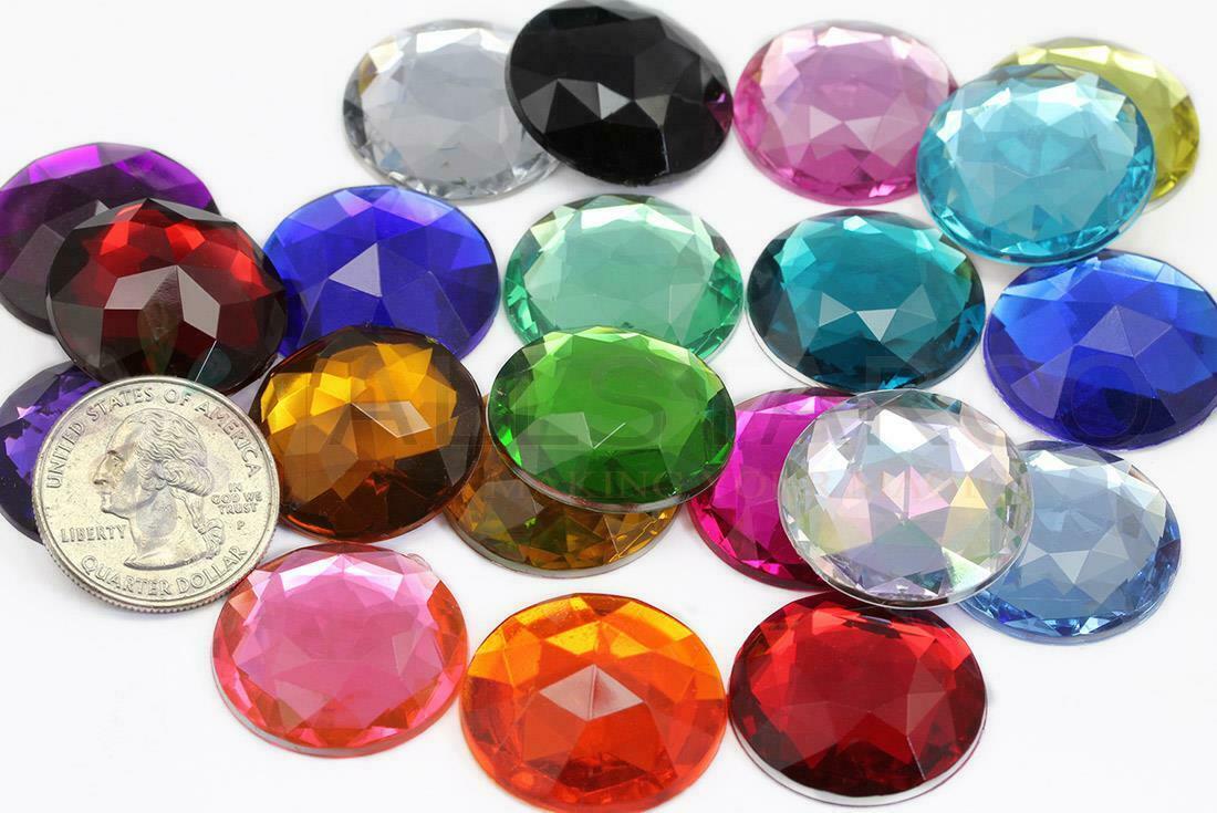 25mm Assorted Colors Flat Back Acrylic Round Gems  - 60 Pieces