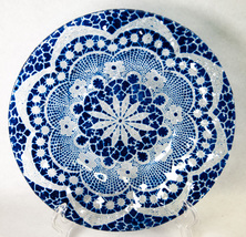 Anne C Ross Studio Art Fused Glass Dish Cobalt Geometric Lace Design 6.75&quot; - £14.82 GBP
