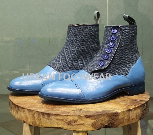 New Mens Handmade Stylish Formal Boot, Grey Tweed & Blue Leather Ankle High
