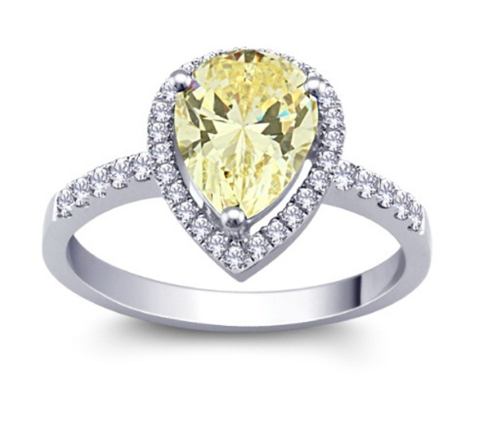 Canary Yellow Cubic Zirconia Pears Solitaire Ring With Pave Setting ...