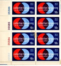 U S Stamps - 10c PLATE BLOCK OF 8 - Collective Bargaining MNH 1975  - $2.25