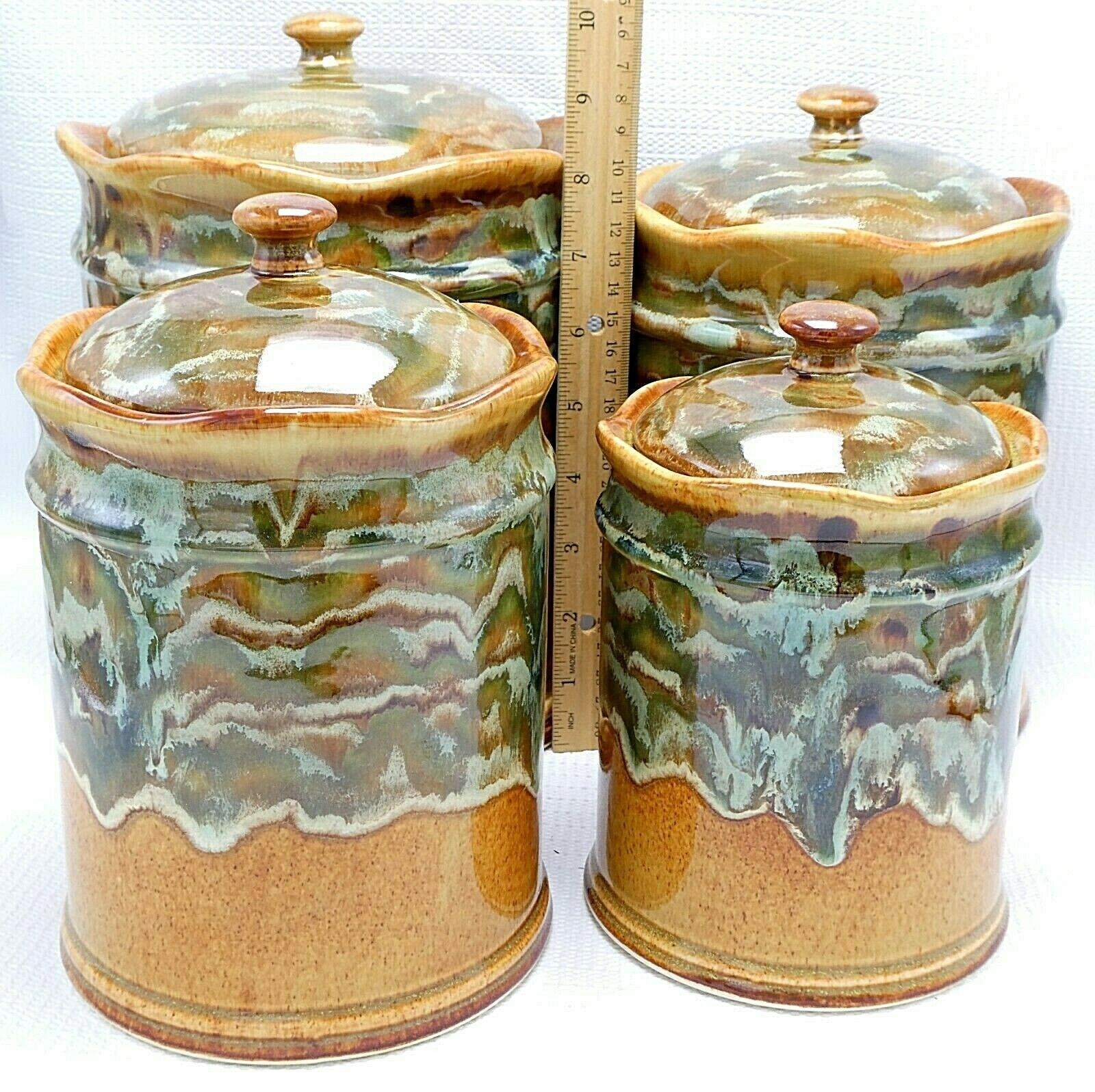 Studio Art Pottery 8 Piece Canister Set Drip Glaze Green Brown