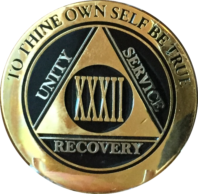 32 Year AA Medallion Black Gold Plated Bi-Plate Alcoholics Anonymous Chip Coin