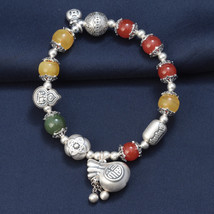 Colorful Agate Beaded With Sterling Silver Lucky FU Charm Bracelet,Gift For Her - $76.50