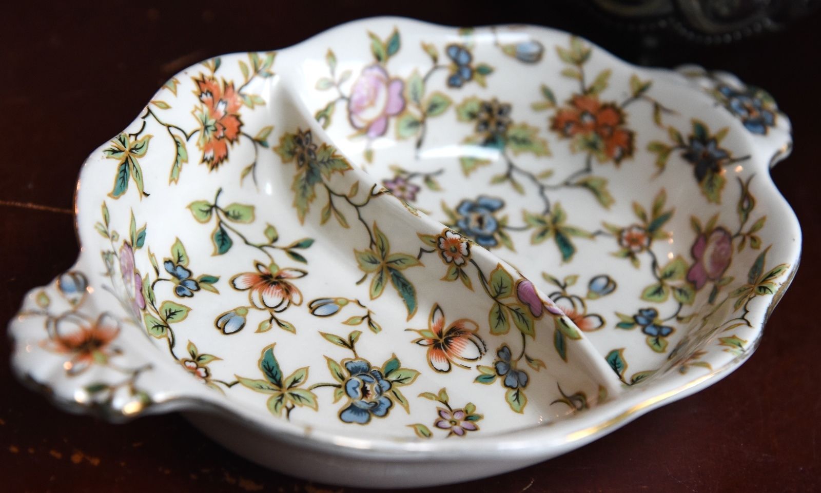 8" VINTAGE CHINTZ PORCELAIN JAPAN MORIMURA DIVIDED CANDY NUT DISH