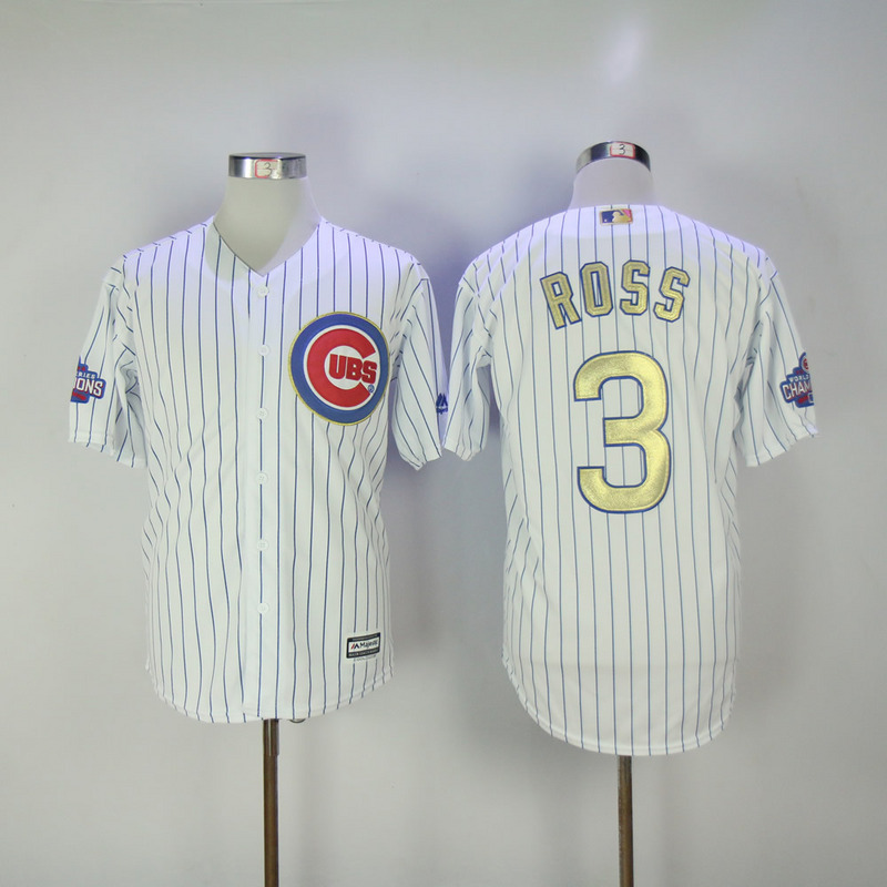 Men's Chicago Cubs Jerseys 3 David Ross Jerseys White Gold Pinstripe