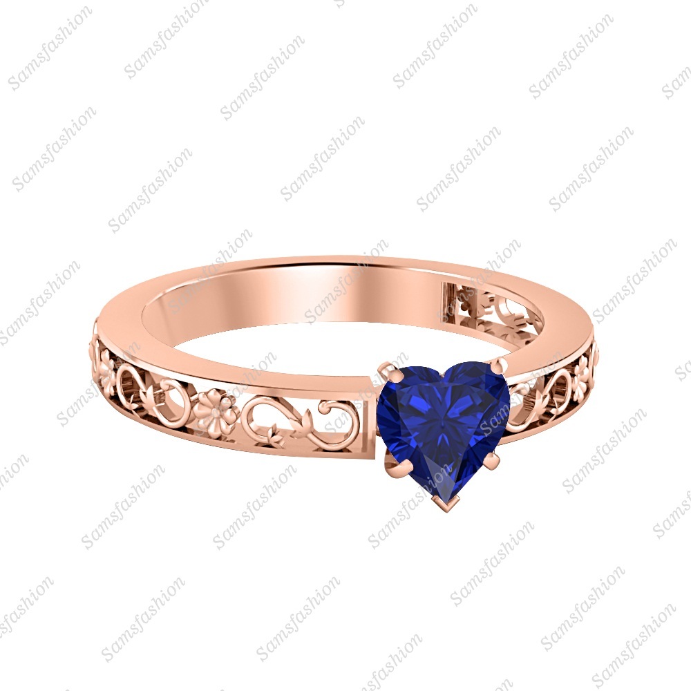 Solitaire Heart Shaped Blue Sapphire 14K Rose Gp Silver Women Engagement Ring