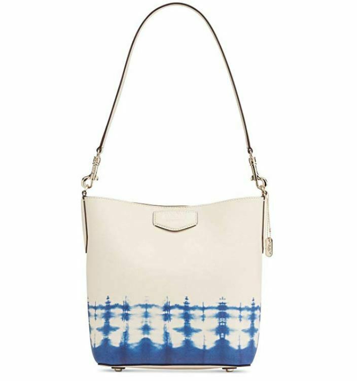 DKNY Women Ivory and Blue Sullivan Leather Tie Dyed Bucket Tote Bag Purse NEW